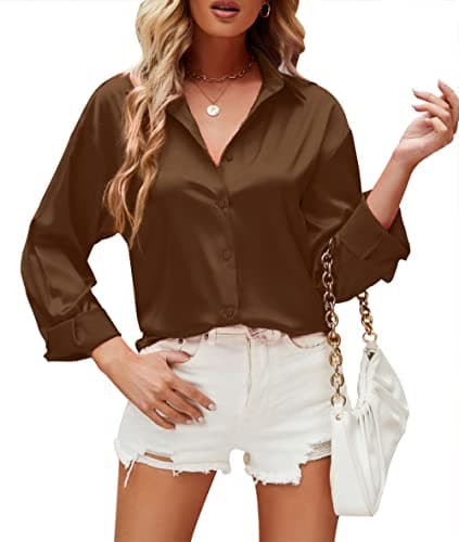 WARHORSEE Womens Button Down Shirt Long Sleeve Work Dress Shirts Wrinkle Free Satin Blouses Business Casual Tops Dressy,Brown,XXL - Image 1