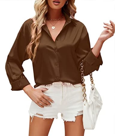 WARHORSEE Womens Button Down Shirt Long Sleeve Work Dress Shirts Wrinkle Free Satin Blouses Business Casual Tops Dressy,Brown,XXL - Image 1