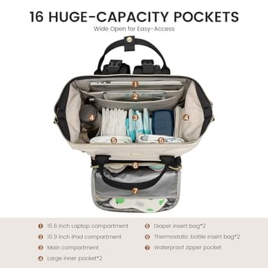 LOVEVOOK Diaper Bag Backpack, Baby Bag with Changing Station, Large Diaper Backpack for Mom Dads, Waterproof Mommy Bag for Boy and Girl, Travel Essential Baby Shower, Black-Beige - Image 2