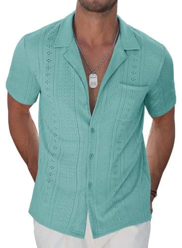 TUREFACE Men's Green Summer Beach Shirts Short Sleeve Button Up Hollow Out Hawaiian Vacation Cuba Shirts - Image 1