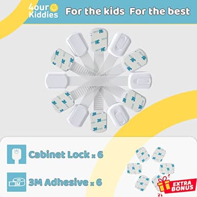 4our Kiddies Child Safety Cabinet Locks for Babies (6 Pack), Child Proof Latches for Cabinets and Drawers Doors, Baby Proofing Cabinet Strap Locks for Cupboard and Closet with 6 Pcs Extra 3M Adhesives - Image 7