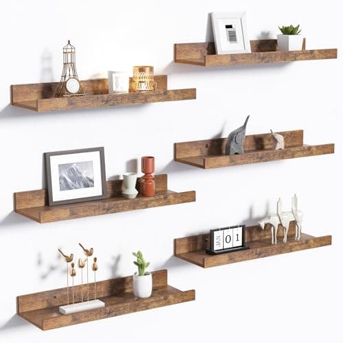 upsimples Floating Shelves for Wall, Wall Shelves for Decor Storage Set of 6, Wall Mounted Wood Shelf for Bedroom, Living Room, Bathroom, Kitchen, Picture Ledge Shelf, Brown - Image 1