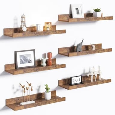 upsimples Floating Shelves for Wall, Wall Shelves for Decor Storage Set of 6, Wall Mounted Wood Shelf for Bedroom, Living Room, Bathroom, Kitchen, Picture Ledge Shelf, Brown - Image 1