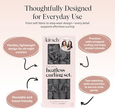 Kitsch Holiday Gift Silk Heatless Hair Curler | Heatless Curling Rod Headband | Satin Heatless Curling Set for Hair | Perfect Heatless Curls (Charcoal - Image 5