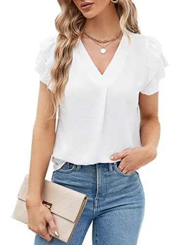 Blooming Jelly Womens Dressy Casual Shirts Short Sleeve V Neck Work Blouse Business Casual Summer Tops 2025(Medium, White) - Image 1