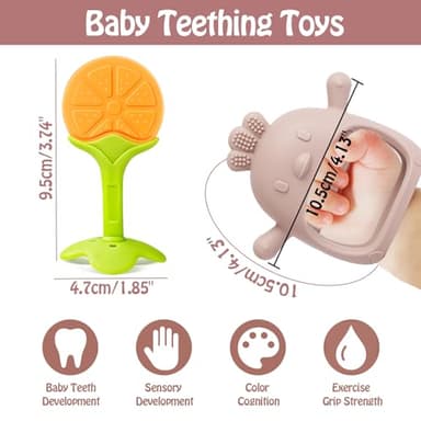 Teething Toys (5 Pack) - Tinabless Infant Teething Relief Toys&Teething Mitten Set, Food Grade Silicone Anti Dropping Wrist Hand Teethers Baby Chew Toys for Sucking Needs, Silicone Baby Teethers(Pink) - Image 4