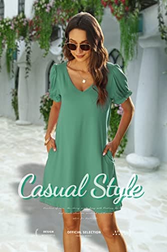 Aloodor Womens Dress Short Sleeve Flowy Casual Dresses for Women Army Green L - Image 2