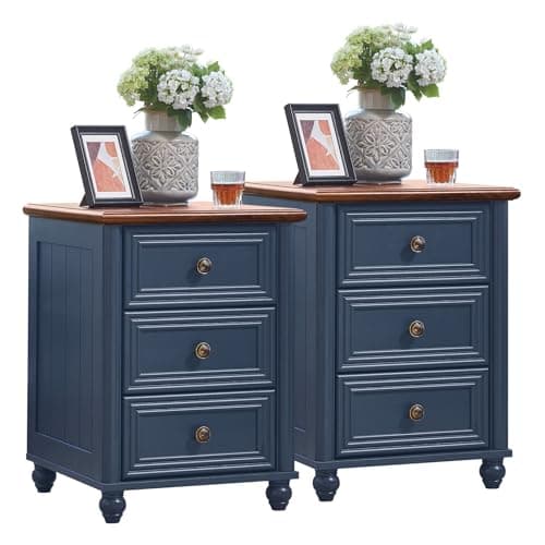 RWYHG 18" Farmhouse Night Stand Set of 2, Blue Wood Nightstand with 3 Drawers, Bedside End Table with Storage and Roman Column, Bed Side Tables Cabinet for Bedroom, Living Room, and Closet - Image 1