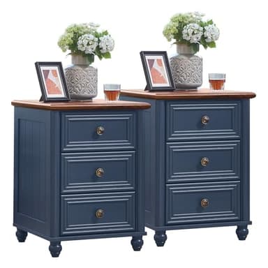 RWYHG 18" Farmhouse Night Stand Set of 2, Blue Wood Nightstand with 3 Drawers, Bedside End Table with Storage and Roman Column, Bed Side Tables Cabinet for Bedroom, Living Room, and Closet - Image 1