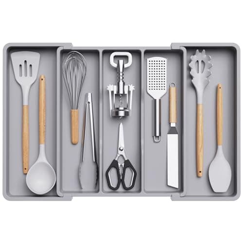 Lifewit Utensil Organizer for Kitchen Drawers, Expandable Cooking Utensil Tray, Adjustable Cutlery Silverware Flatware Holder, Plastic Kitchen Spatula Tools and Gadgets Storage Divider, Large, Gray - Image 1