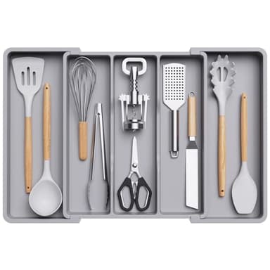 Lifewit Utensil Organizer for Kitchen Drawers, Expandable Cooking Utensil Tray, Adjustable Cutlery Silverware Flatware Holder, Plastic Kitchen Spatula Tools and Gadgets Storage Divider, Large, Gray - Image 1