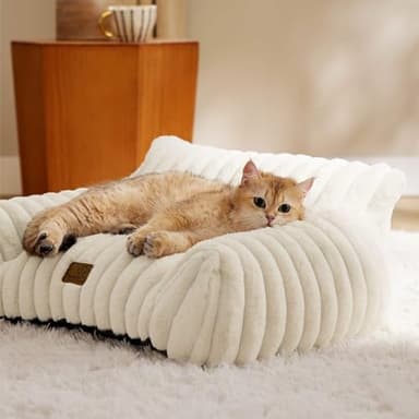 Bedsure Cute Cat Couch for Pets - Fluffy Cat beds with Premium Soft Corduroy Fleece, Fuzzy Cats beds for Indoor Cats with Removable Washable Cover, Supportive Pet Sofa, 24inch, Cream - Image 9