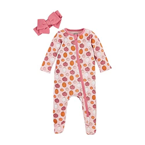 Mud Pie Baby Girl Pumpkin Baby Sleeper and Headband Set, Pink, 6-9M - Image 1