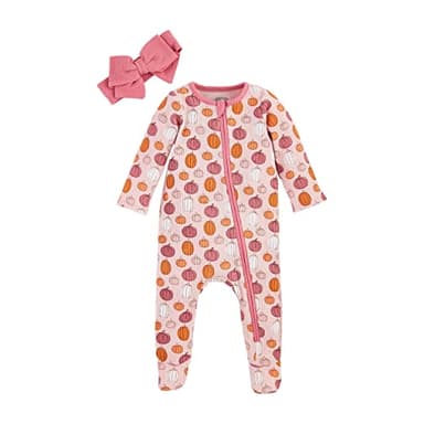 Mud Pie Baby Girl Pumpkin Baby Sleeper and Headband Set, Pink, 6-9M - Image 1