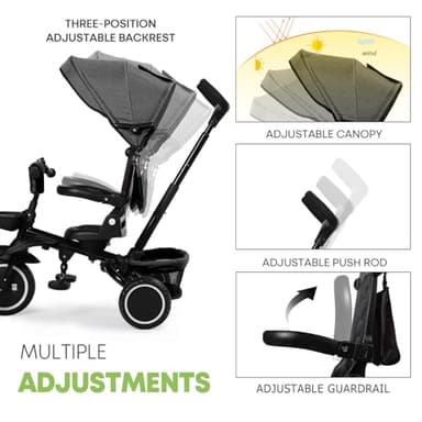 Kinder King Kids Tricycle, 8 in 1 Folding Toddler Trike w/Adjustable Push Handle, Rotatable Seat, Adjustable Canopy, Bell, Five-Point Harness, Storage, Toddler Stroller Bike for Age 6 Months+, Grey - Image 4