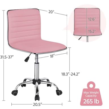 Yaheetech Pink Low Back PU Leather Ribbed Armless Office Chair, Ergonomic Swivel Task Chair with Wheels for Women - Image 3