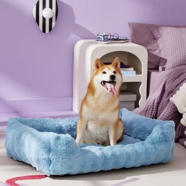 LE SURE Fluffy Dog Beds for Large Dogs - Orthopedic Rectangle Calming Pet Bed,Plush Bubble Bolster Pet Sofa with Removable Washable Cover and Nonskid Bottom,36x27x8inches,Blue - Image 1