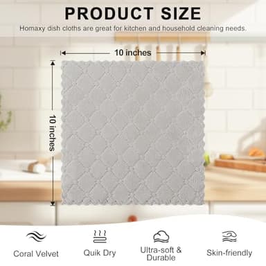 Homaxy 12 Pack Kitchen Dish Cloths (10 x 10 Inches, Grey), Super Soft and Absorbent Coral Velvet Dish Towels, Nonstick Oil Fast Drying Microfiber Cleaning Cloth, No Lint Household Dishcloths - Image 6
