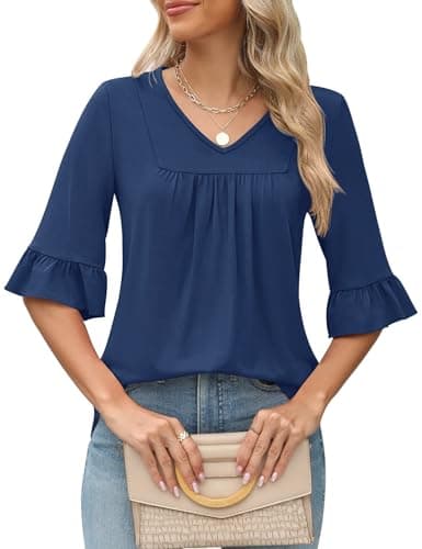 LOMON Bell Sleeve Tops for Women Summer V Neck 3/4 Sleeve Shirts Loose Half Sleeve Blouses Blue L - Image 1