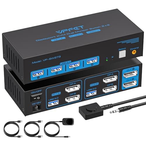 4K@144Hz Displayport KVM Switch 2 Monitors 2 Computers USB3.0 KVM Switch Dual Monitor for 2 Computers Share 2 Monitors and 4 USB Devices Support Extended/Copy Mode with Desktop Controller - Image 1