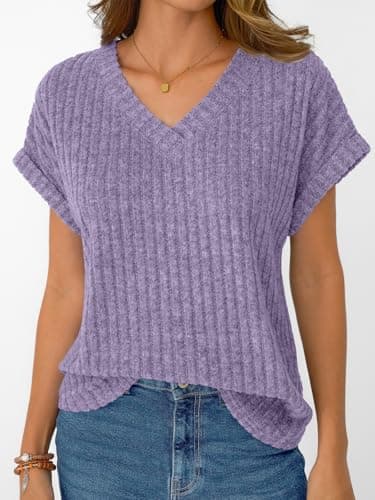 AUTOMET Women Tops Summer Sweaters Short Sleeve V Neck Shirts 2025 Spring Fashion Dressy Casual Business Tunic Blouses Purple L - Image 2