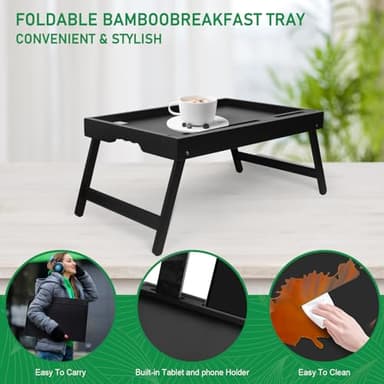 Bed Tray Table with Handles Folding Legs,Bamboo Breakfast Food Tray with Media Slot,Use As Platter,Laptop Desk,Snack,TV Tray Kitchen Serving Tray Black Large - Image 3
