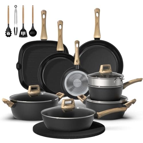 Bazova 23 Pcs Pots and Pans Set, Non Stick Ceramic Cookware Set with 3 Frying Pans, Healthy Non-Toxic, Large Capacity,Induction Compatible, PFAS/PTFE/PFOA Free, Black - Image 1