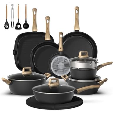 Bazova 23 Pcs Pots and Pans Set, Non Stick Ceramic Cookware Set with 3 Frying Pans, Healthy Non-Toxic, Large Capacity,Induction Compatible, PFAS/PTFE/PFOA Free, Black - Image 1