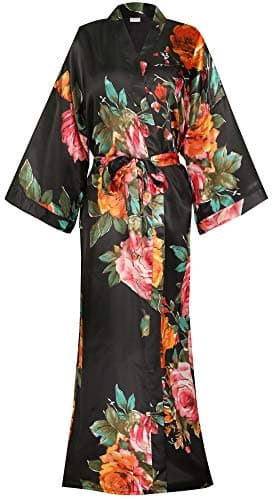 goodmansam Women's Long Floral Satin Kimono Robes Bridal Dressing Gown Wedding Bridesmaid Nightgown - Image 1