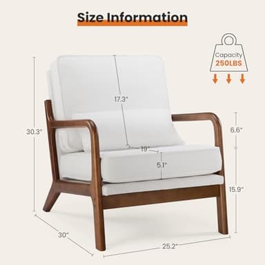 Sweetcrispy Accent Mid Century Modern Chairs with Pillow Set of 2, Upholstered Lounge Armchair, Linen Fabric Comfy Reading Chair with Wood Frame for Living Room, Bedroom, White - Image 2