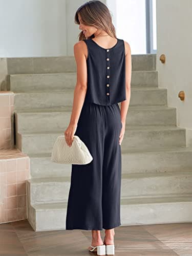 ANRABESS Women's Summer 2 Piece Outfits Sleeveless Crop Top Capri Wide Leg Pants Jumpsuit Casual Linen Lounge Matching Sets Beach Travel 2025 Trendy Clothes Navy Blue Large - Image 7