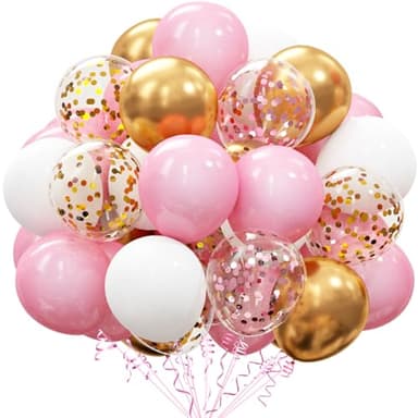 OuMuaMua 60Pcs Pink Gold Confetti Latex Balloons Kit, 12 Inch Pink White Gold Helium Balloons Party Supplies for Confession Proposal Wedding Girl Birthday Baby Shower Party Decoration - Image 1