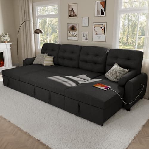 Ucloveria Sectional Sofa Couch, 112" Sleeper Sofa Bed with Dual Reversible Storage Chaise Pull Out Couch for Living Room | Side Pockets | Charging Station | Removable Backrest | Linen Fabric, Black - Image 1