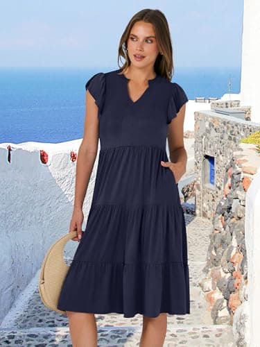 ANRABESS Womens Summer Ruffle Sleeve V Neck Floral Print Midi Dress 2025 Fashion Casual Fit Flowy Tiered Boho Beach Vacation Sundress Deep Navy Blue-S - Image 6