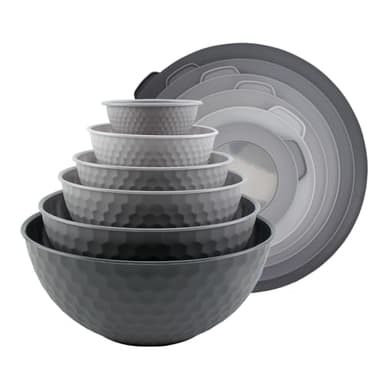 COOK WITH COLOR Mixing Bowls with Lids - 12 Piece Plastic Nesting Bowls Set includes 6 Prep Bowls and 6 Lids, Non Slip Bottom and Embossed Design - Microwave Safe (Grey) - Image 1