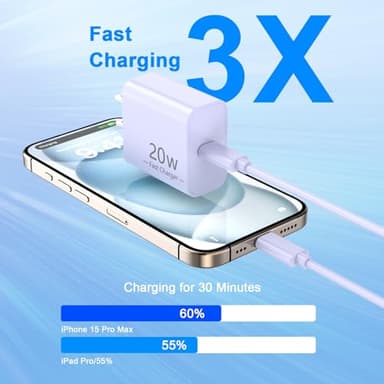 Matsusho iPhone 16 15 Charger Fast Charging 10 FT, 2 Pack 20W USB C Wall Charger with 10FT Type C Charger Fast Charging Cable for iPhone 17/17 Pro/17 Pro Max/Air/16/16 Pro/16 Pro Max/15 Pro Max,Purple - Image 3