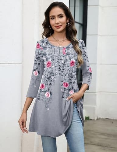 Zeagoo Summer Tops Trendy Three-Quarter Sleeve Women Shirts Floral Print Casual Blouses Business Outfits 2025 - Image 3