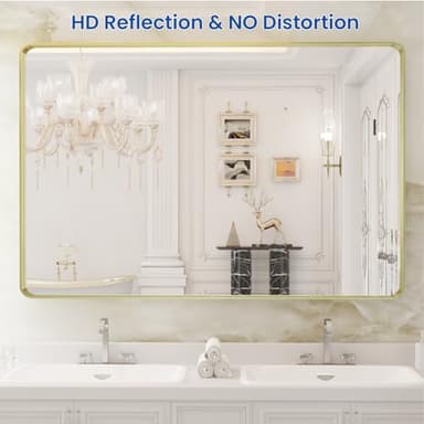 WEER Gold Bathroom Mirror, 48X32 Inch Brushed Gold Metal Frame Mirror, Rounded Rectangle Gold Bathroom Vanity Mirror for Wall, Tempered Glass, Anti-Rust, Hangs Horizontally or Vertically - Image 2
