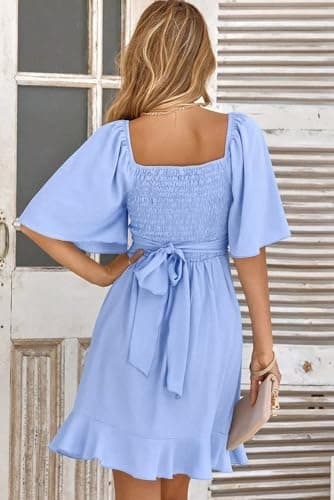 Dokotoo Womens Sky Blue Dresses Summer Wrap V Neck Short Sleeve Smocked Elastic Waist Tiered Belted Ruffle Hem Mini Dress Holiday Dresses for Women M - Image 2
