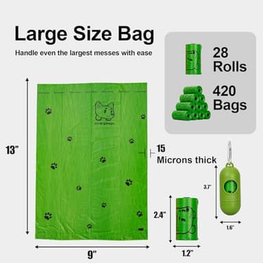 Lesibag Dog Poop Bags Rolls With Dispenser, Strong and Leak-proof Waste Bags for Pets, Floral Scented, 420 Count (28 Packs of 15), 13 Inch x 9 Inch (Green) - Image 2