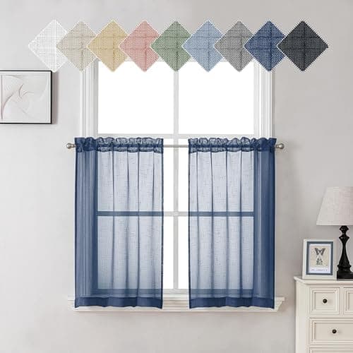 Aiyueng Kirei 2 PCS Faux Linen Navy Blue Kitchen Sheer Curtains 36 inch Length, Soft Lightweight Textured Short Cafe Curtains for Farmhouse Bathroom Bedroom Small Windows, Each 30Wx36L inch, Navy - Image 1