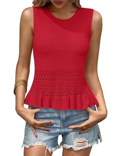 Saodimallsu Womens Crochet Crop Tank Tops Sleeveless Crew Neck Ruffle Summer Boho Knit Sweater Vest Red - Image 3