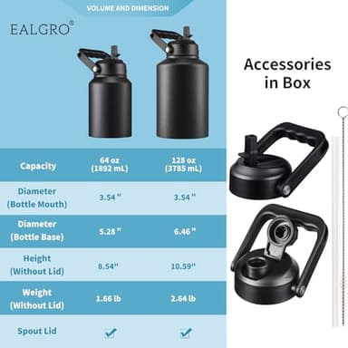 EALGRO Insulated Gallon Water Bottle Jug with Straw, 128 oz Large Stainless Steel Sports Metal Water Canteen With Handle, Thermal Water Cup Mug with 2 Lids, Midnight Black - Image 5