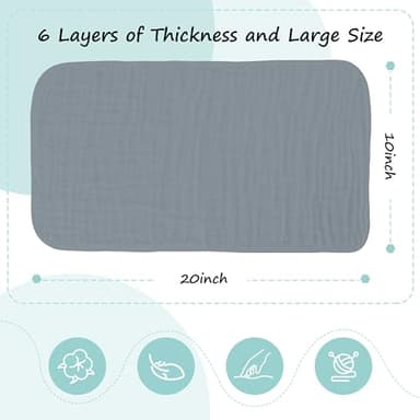 HIPHOP PANDA 10 Pack 6-Layers Muslin Burp Cloths Large - Durable 100% Cotton - Extra Absorbent and Soft Boys & Girls Rags for Newborn Registry (Grey+Navy Series, 20" X10") - Image 2