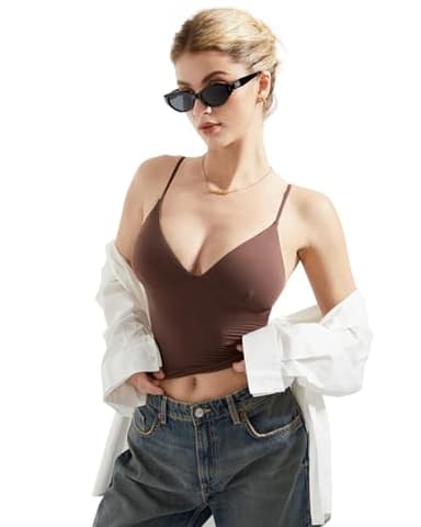 SUUKSESS Women Sexy Deep V Neck Sleeveless Fitted Basic Tops Y2K Going Out Crop Tank Top Camisole (Brown,S) - Image 5