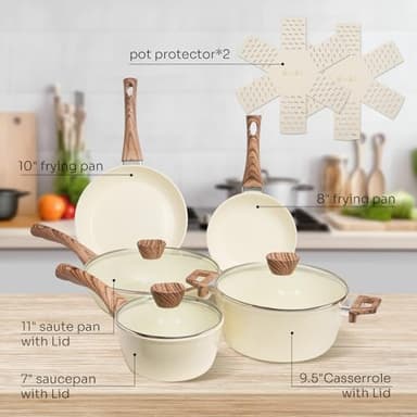 ZHANG XIAO QUAN SINCE 1628 Pots and Pans Sets Non Stick, PTFE/PFAS/PFOA Free Pots and Pans, 10Pcs Aluminium Non Toxic Cookware Set, Cream White Pots and Pans Set - Image 2