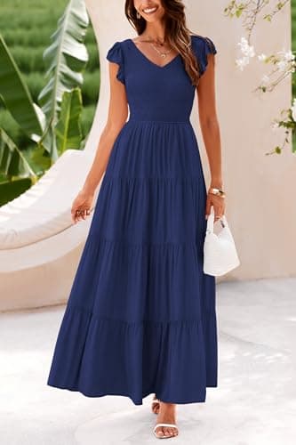 PRETTYGARDEN Women's Summer Flowy Maxi Dress Casual Cap Sleeve V Neck Smocked Beach Sundress (Solid Navy,Medium) - Image 3