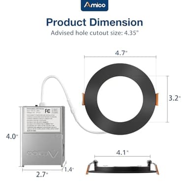 Amico 24 Pack 4 Inch Black 5CCT Ultra-Thin LED Recessed Ceiling Light with J-Box, 2700K/3000K/3500K/4000K/5000K Selectable, 10W Eqv 70W, Dimmable Canless Downlight, 800LM High Brightness, ETL, FCC - Image 5