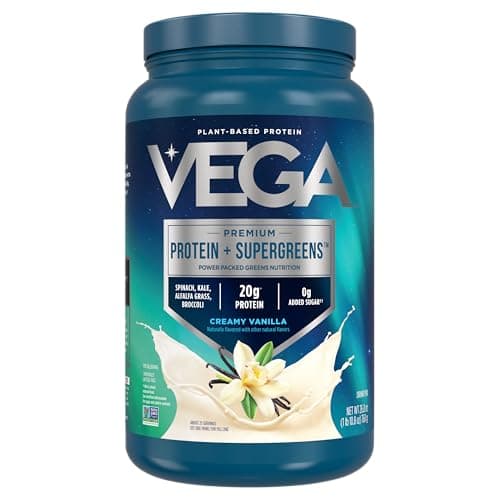 Vega Premium Protein + Supergreens - 20g Protein, Creamy Vanilla, 25 Servings, Spinach,Kale, Alfalfa Grass, Broccoli, 0g Added Sugar, Non-GMO, Gluten Free, Dairy Free, 1.68 lbs (Packaging May Vary) - Image 1