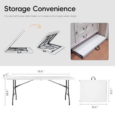 Folding Table 6FT HDPE 6 Foot Foldable Table Portable Banquet Surface Fold-in-Half Desk Utility for Working Meeting Parties, Picnic, Camping, Weddings, Catering, Garden Dining-White - Image 3